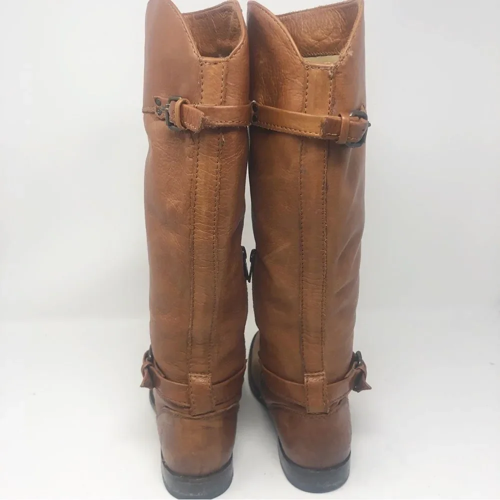 FRYE | Phillip Belted Tall Riding Boots in Cognac Tan Leather Women’s Size 7.5